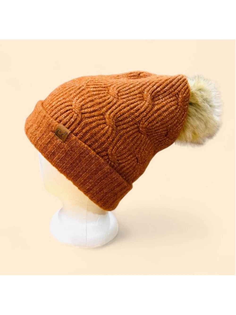 CC & Time and Tru Cable Knit Beanie Bundle Faux Fur Pom Hats Brown Gray OS